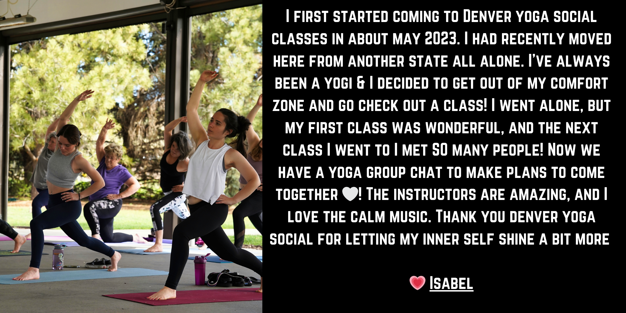 Outdoor yoga class at a Denver pavilion with people in warrior pose